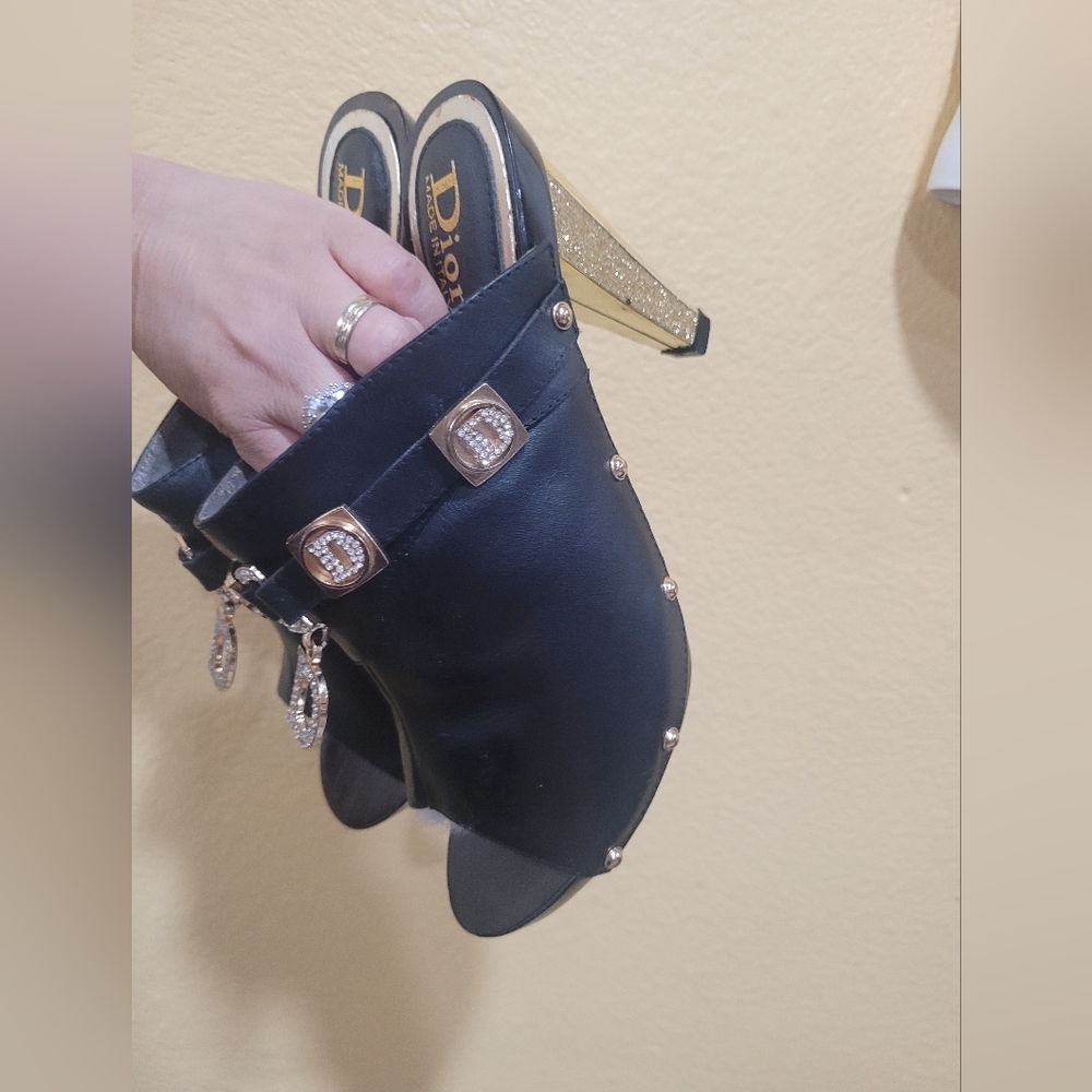 Dior Black Leather Mules with Gold Accent Heels